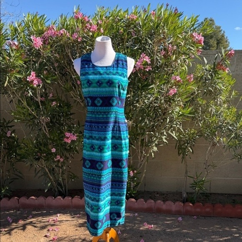 Miss Dorby Sleeveless Geometric Print Midi Dress Women‎ Blue Teal